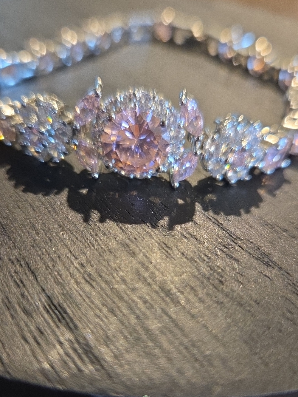 Silver-Tone Bracelet with Pink Center Stone and Clear Accents